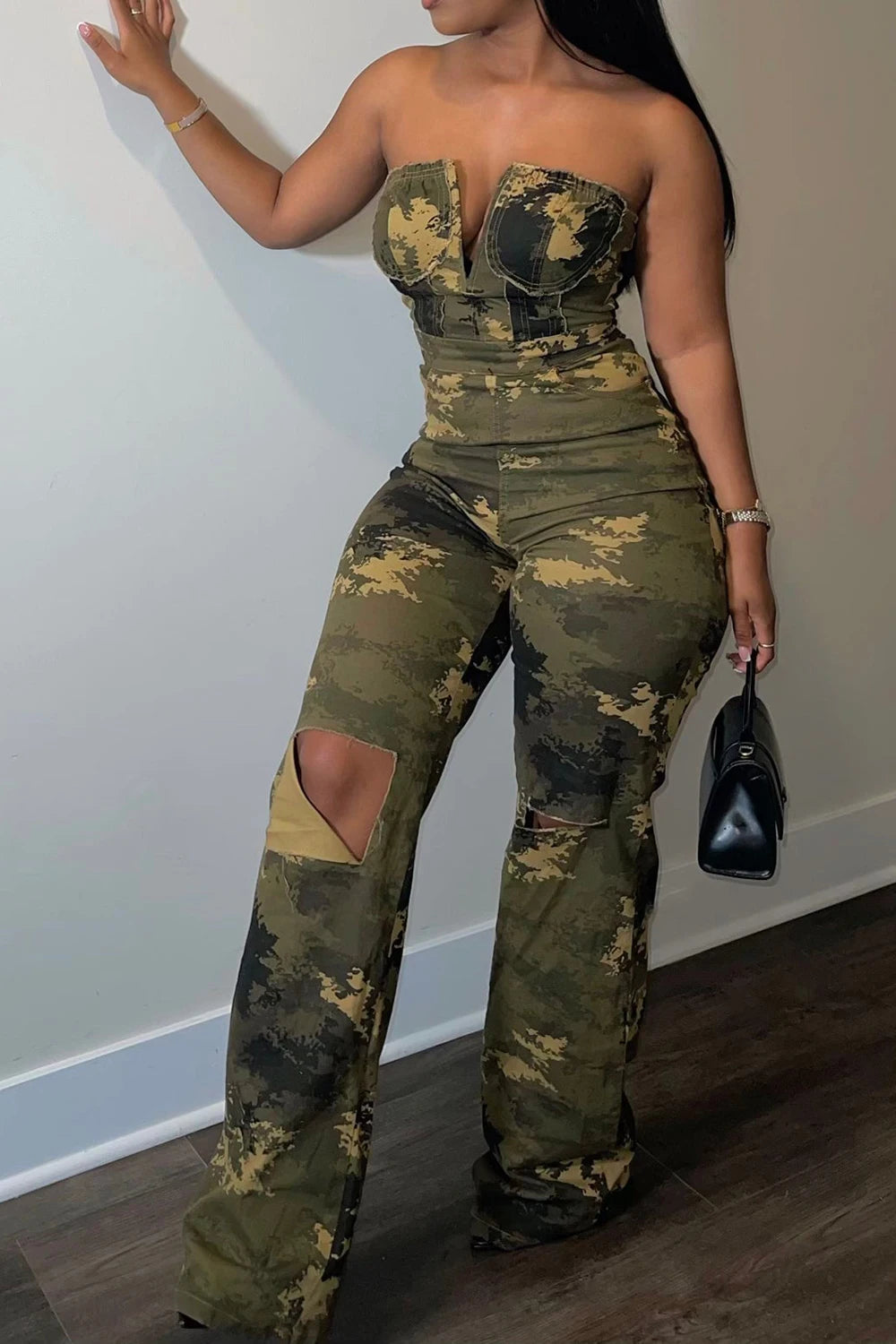 Amay Women Plus Size Camouflage Jumpsuit Casual Army Green Denim Camo Strapless Sleeveless High Waist Ripped Jumpsuit Rompers