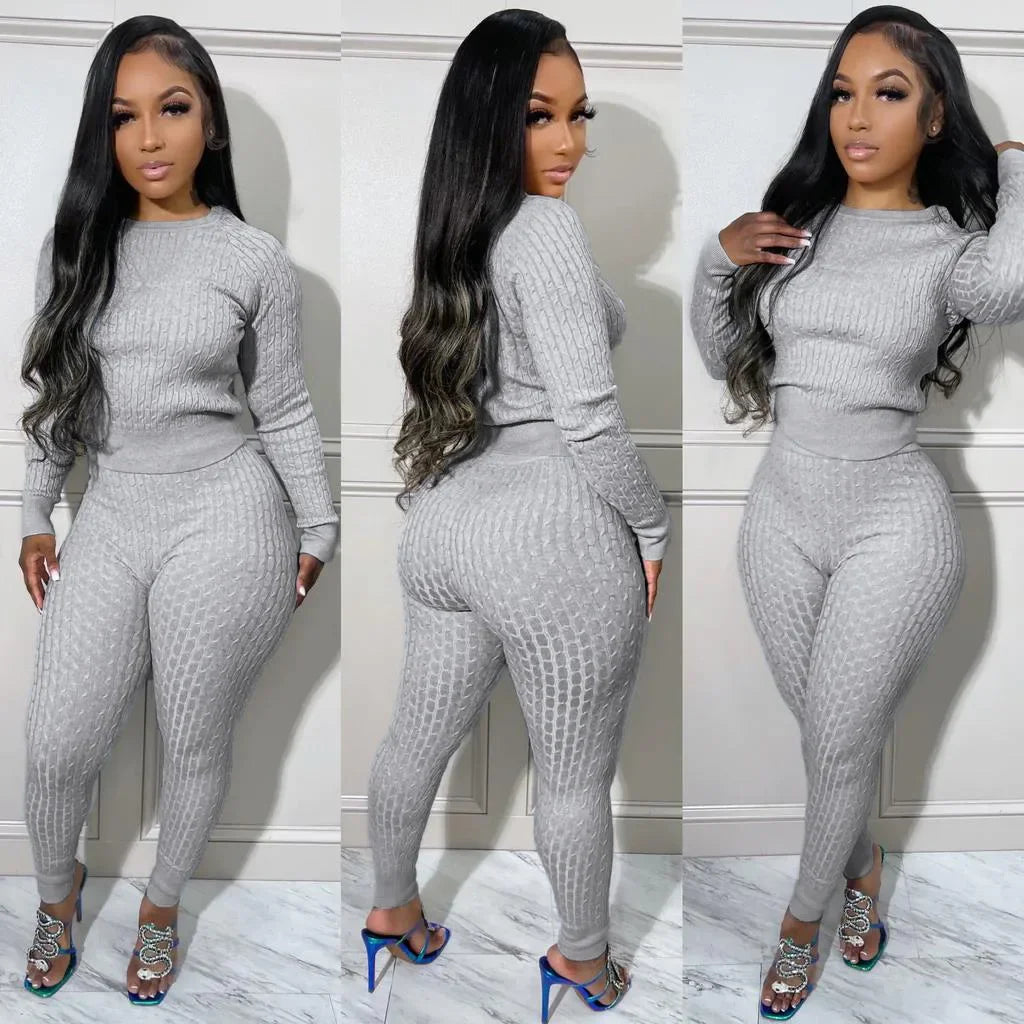 Maxy Women Fashion Weave Two 2 Piece Set Outfits Street Autumn Winter Sweater and Knit Pants Suit Active Tracksuit