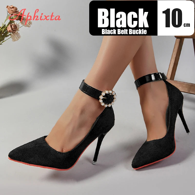 Amay Apheta Round Pearl Metal Belt Buckle 10cm Stiletto Heels Flock Pumps Women Banquet Shoes Strap Pimp Pointed Toe Big Size 35-50