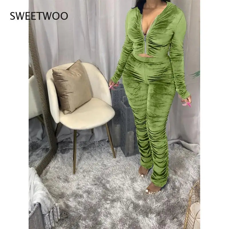 Maxy Autumn Winter Velvet Tracksuit Two Piece Set for Women Matching Sets Ruched Hoodies Jacket Stacked Pants Joggers Sweat Suits