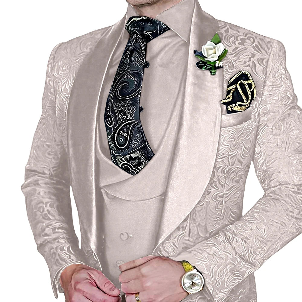 Amay Fashionable Paisley Men's 3-piece Suit Set, Jacquard One Button Blazer, Vest Pants Formal Wedding Party Suits for Men