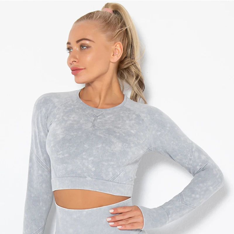 Seamless Sports Suits Women O-neck Crop Tops Long Sleeve Push Up Leggings Sets Gym Wear Summer Two Pieces Sets Tracksuit Feamle