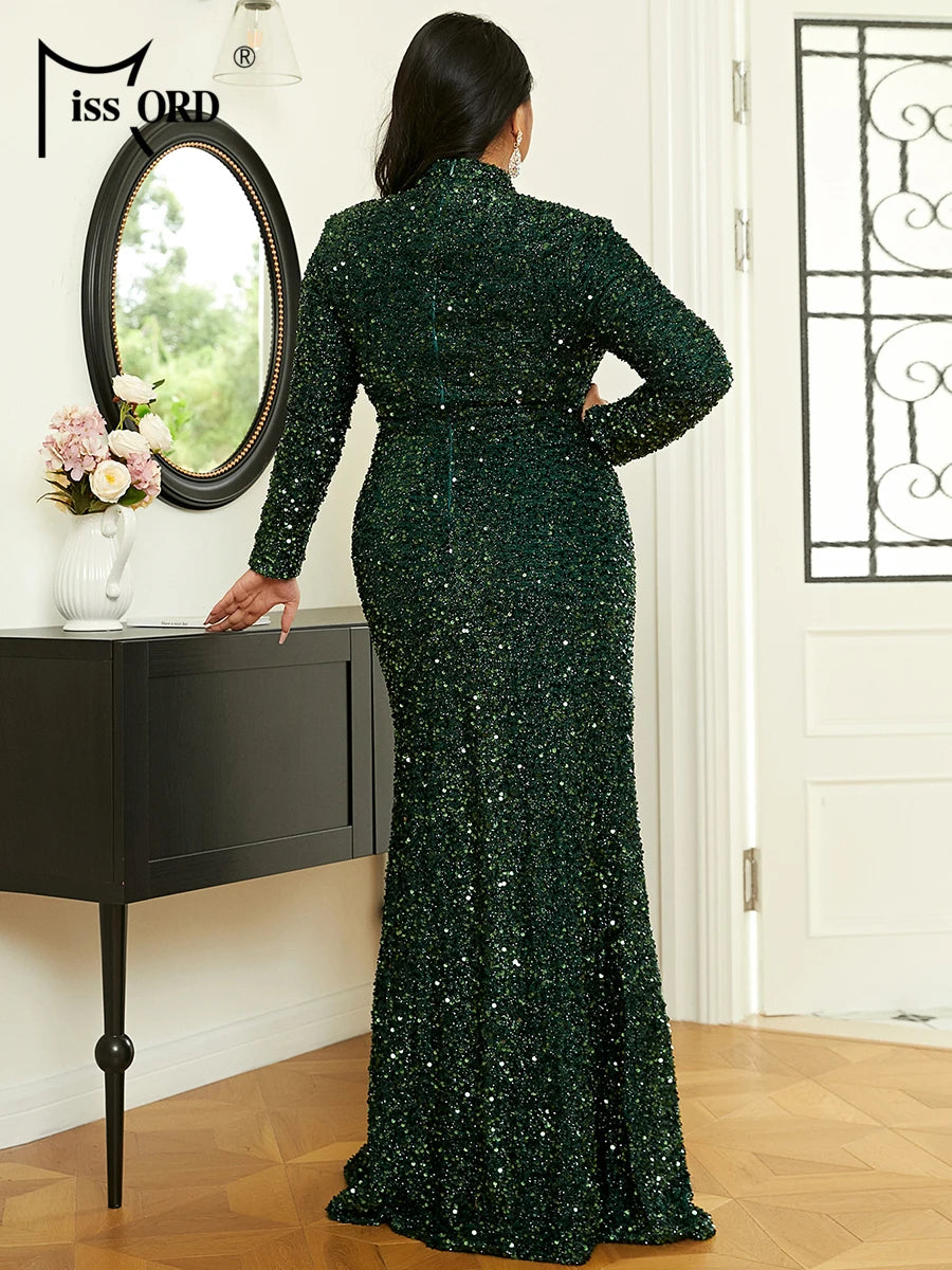 Missord Elegant Green Plus Size Evening Dresses Women Long Sleeve Sequins Thigh Split Party Prom Fomal Dress Winter Maxi Gown