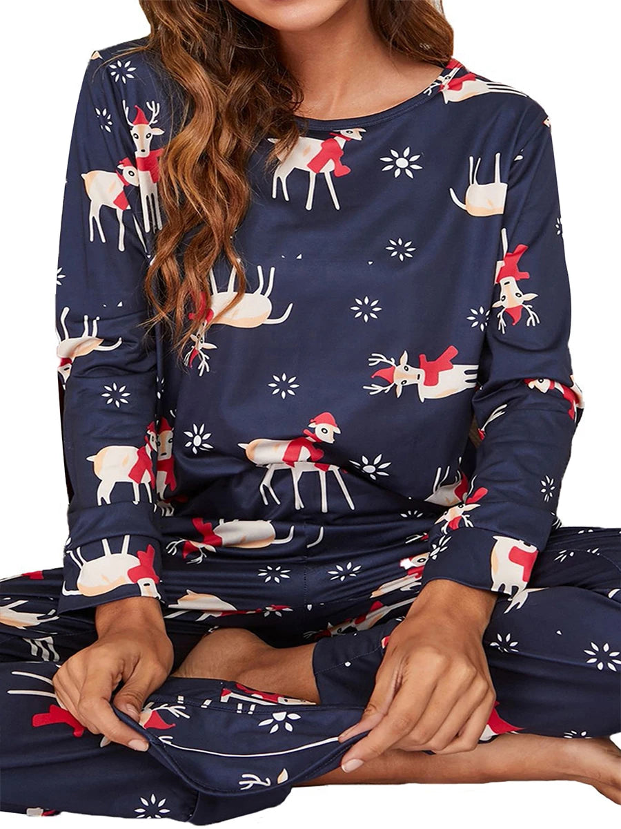 Women Christmas Pajama Set Elk Print Long Sleeve T-shirt with Pants Sleepwear Loungewear