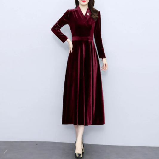 Maxy Elegant Long Sleeves Vintage V-neck Chic Brooch Slim Velvet A-line Long Dresses Evening Party High Street Autumn Winter Clothing