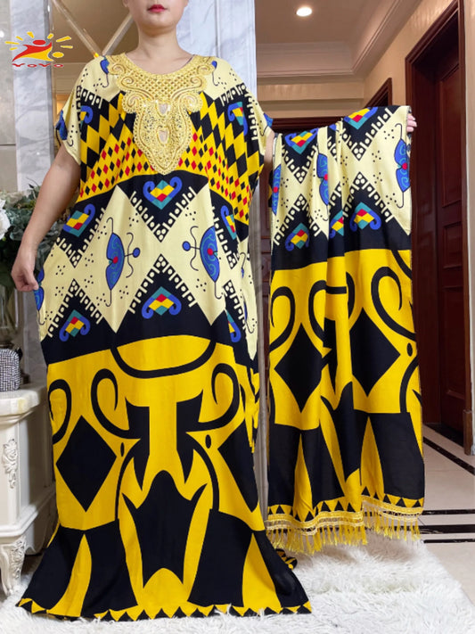 Macy Latest Autumn African Lady Dress with Big Scarf   Cotton Printed Loose Floral Boubou Pocket Maxi Islam Women Short Sleeve