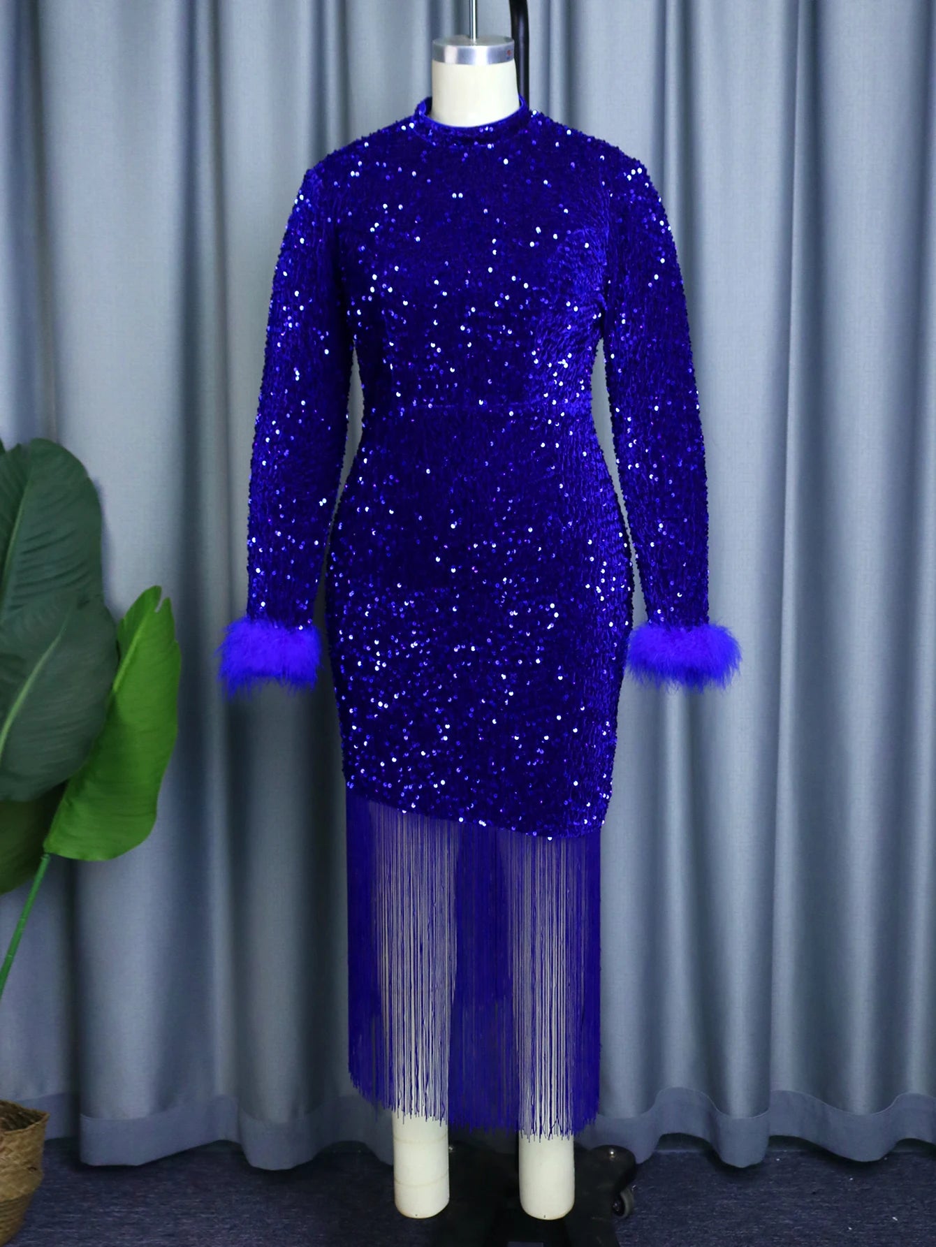 Women Blue Shiny Velvet Christmas Party Dress Sequins Long Sleeve Feather Tassel Bodycon Celebrate Occasion Birthday Gowns New