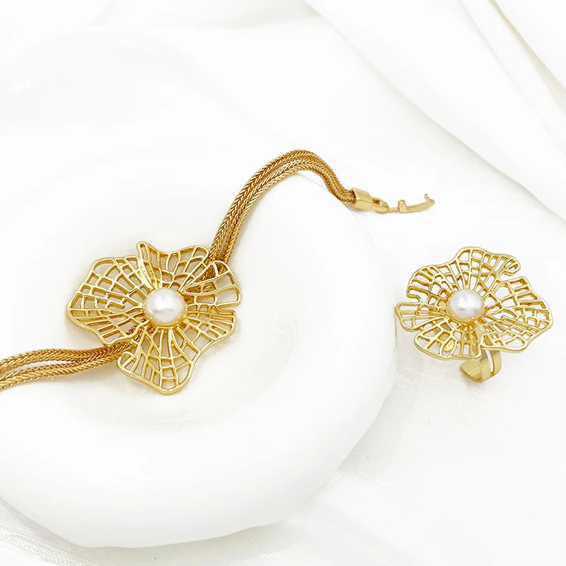 Maxy Latest Jewelry Set For Women Luxury Design Dubai Nigeria Trending Necklace Earrings Ring Bracelet Imitation Pearl