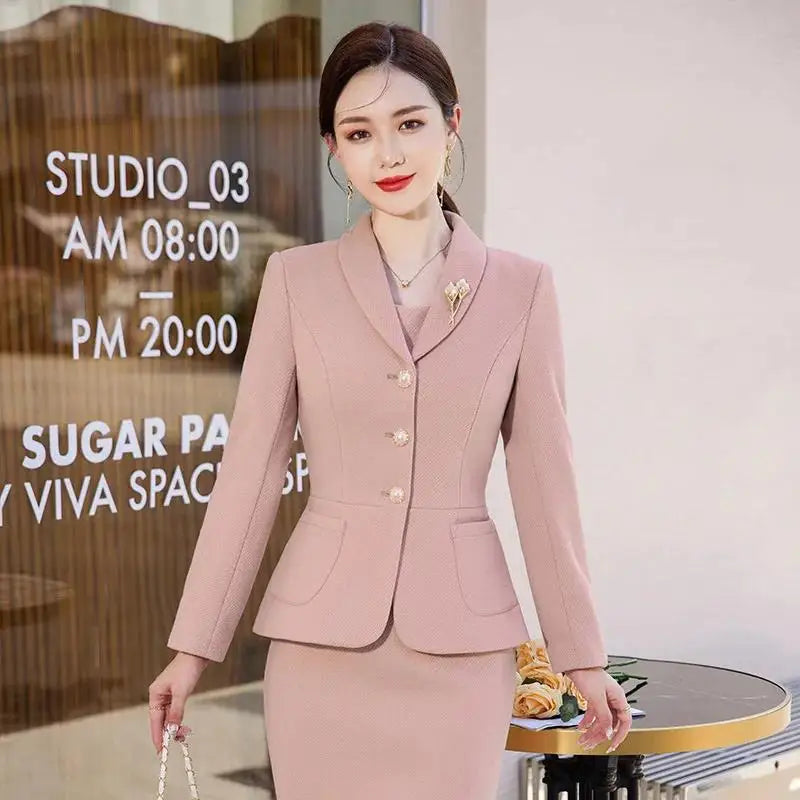 Maxy New Autumn Work Wear Women's Suit Elegant Solid Blazer +Sleeveless Dress 2 Piece Set Single Breasted Jacket Plus Size S-5XL