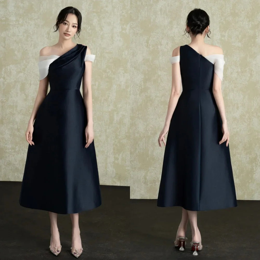 Maxy Customized Unisex Matching Fashion Pleat Rached A-line Off-the-shoulder Midi Dresses Bespoke Occasion Dresses Classic Casual