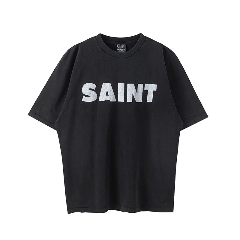 SAINT T Shirt Men Woman Summer Good Quality O-Neck Loose Letter Printing Dropped Shoulder Vintage Tops Tee