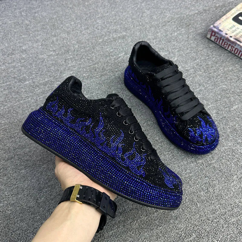 Maxy Luxury Designer Men's Glamour Blue Rhinestone Platform Prom Shoes Causal Flats Moccasins Male Rock Hip-hop Walking Sneakers