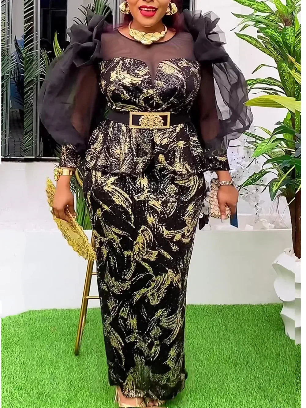 Amay Dresses for Women New Fashion Plus Size Sequin Evening Party Long Dress Dashiki Ankara Outfits Robe African Clothes