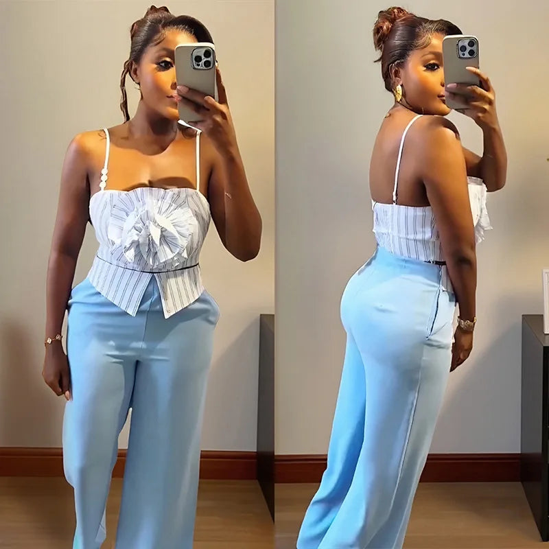 Maxy 2 Piece African Clothes for Women Summer Sexy African Sleeveless Top Long Pant Matching Sets Dashiki African Clothing Outfits