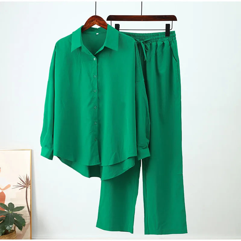 Maxy Wide Leg Pants Set Two Piece Set Women Vintage Maxi Shirt Suit Stylish Set Casual Loose Work Streetwear Y2k Holiday Outfits