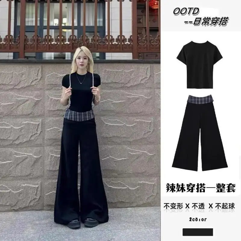 Maxy Women's Suit Fashion 2 Piece Set Short Sleeve Top Wide Leg Pants Cotton Women Summer Casual Elegant American Style Premium