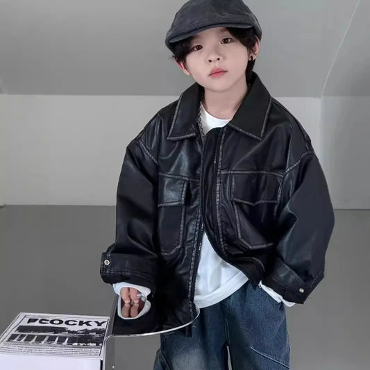 Babs Autumn New Styles for Boys Korean Children Clothes Retro Wash Black Color PU Leather Jacket Toddler Girl Winter Clothes