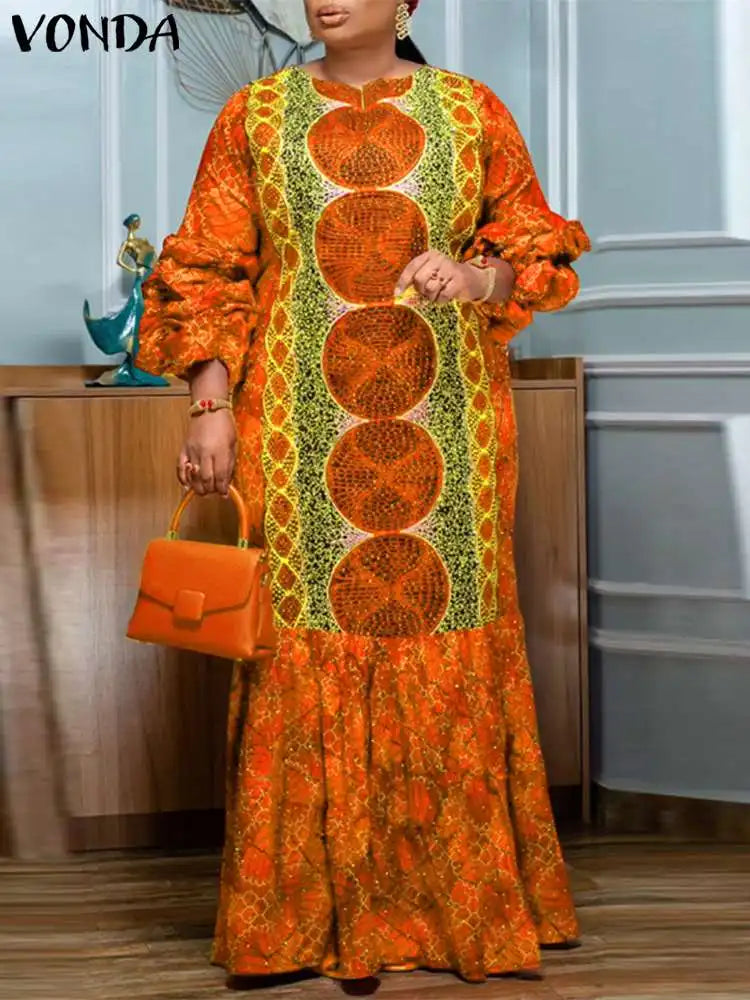 MAXY Plus Size Party Dress Women Bohemian Long Puff Sleeve Casual Printed Vintage Sundress Loose Fashion Party Robe