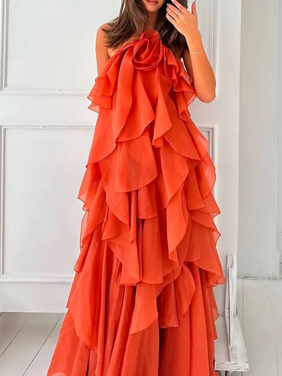 Maxy TWOTWINSTYLE Solid Spliced Ruffles Elegant Dresses for Women Halter Sleeveless High Wasit Backless Loose Dress Female Fashion