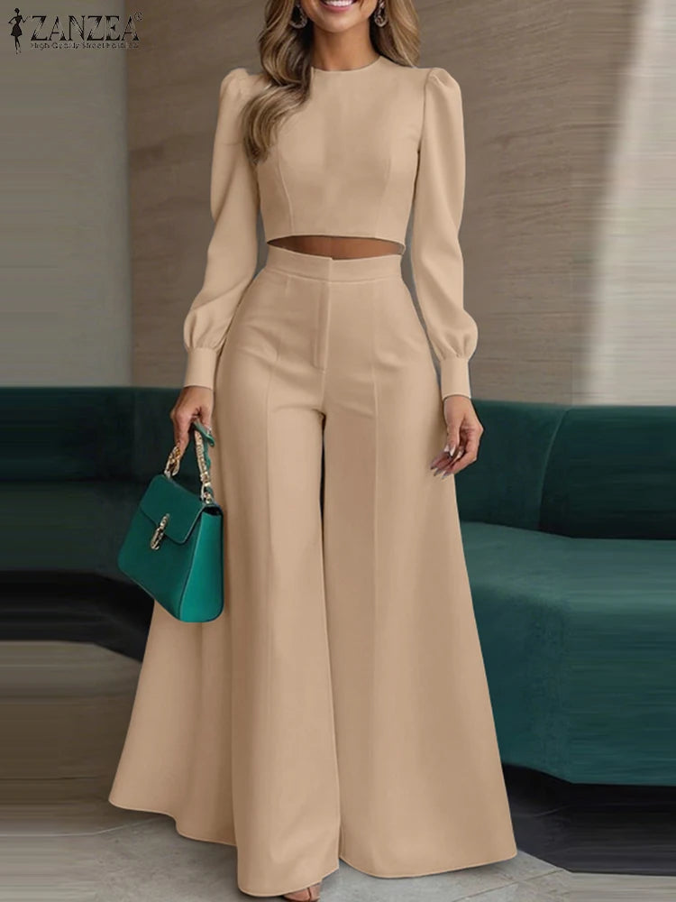 Maxy ZANZEA Autumn 2PCS Outfits Women Pant Sets Solid Tracksuits Suit Long Sleeve Cropped Tops Wide Leg Trousers Matching Sets