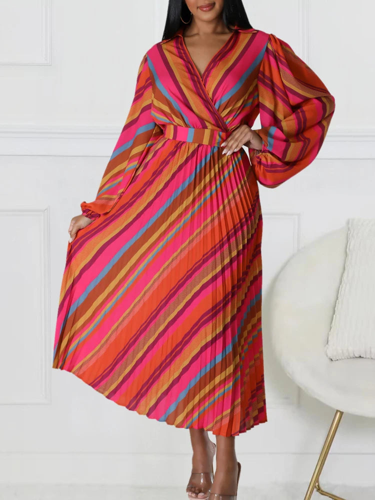 Women Printed Dress Pleated V Neck Long Lantern Sleeves Midi Length Female Gowns Elegant Modest African Office Ladies Work Wear