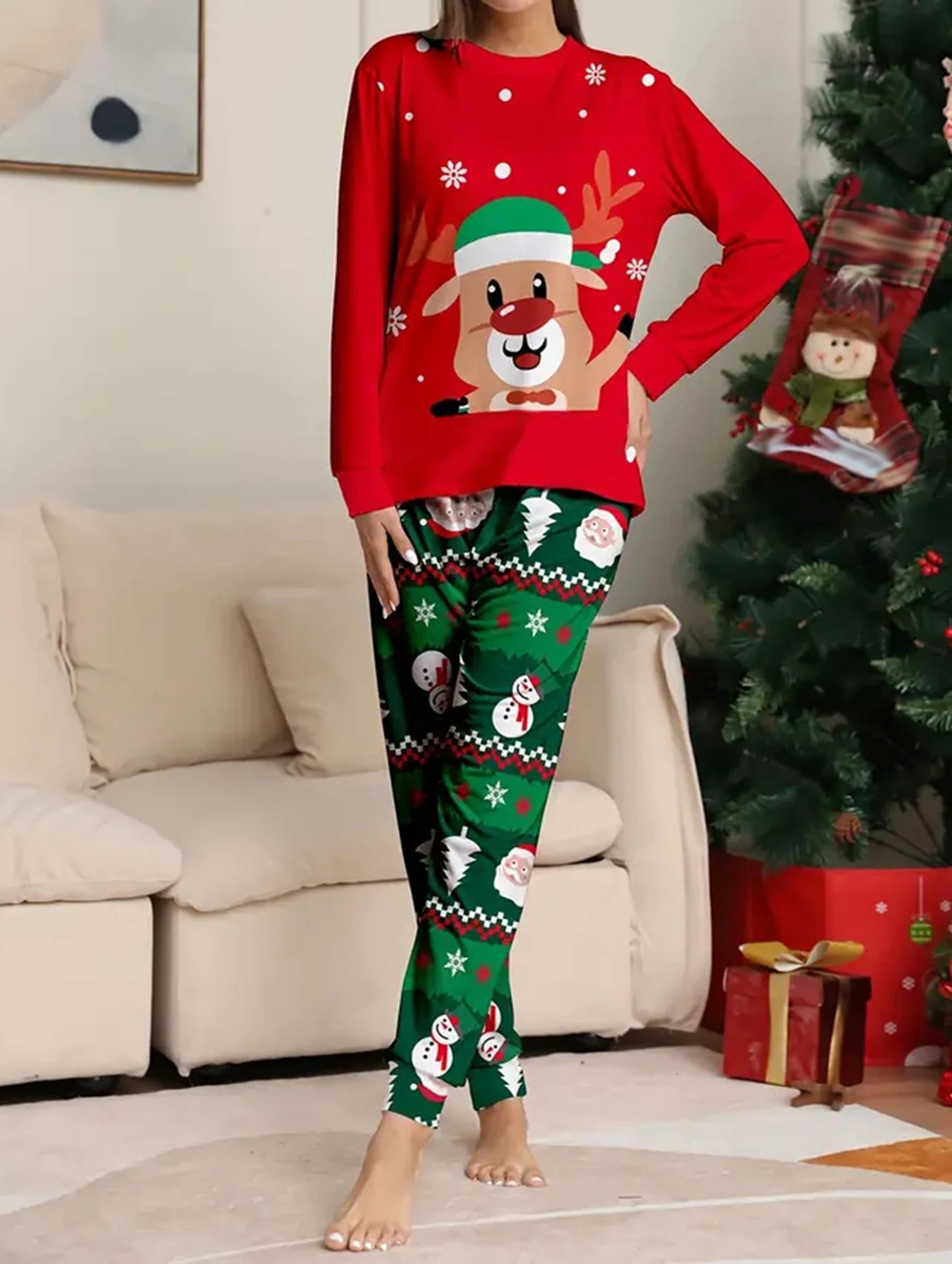 Women 2 Piece Pajamas Sets Christmas Print Long Sleeves Shirts and Elastic Pants for Loungewear Soft Sleepwear