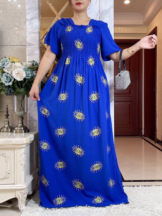 Maxy Summer Fashion Casual Dress Collect Waist Embroider Short Sleeve Loose Woman Maxy Islam African Women Abaya Clothes