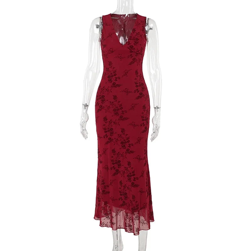 Maxy New Sleeveless Long Dress Women Summer rinted Deep v-neck Dress Femae Fashion Fora  Waist Slim Dresses