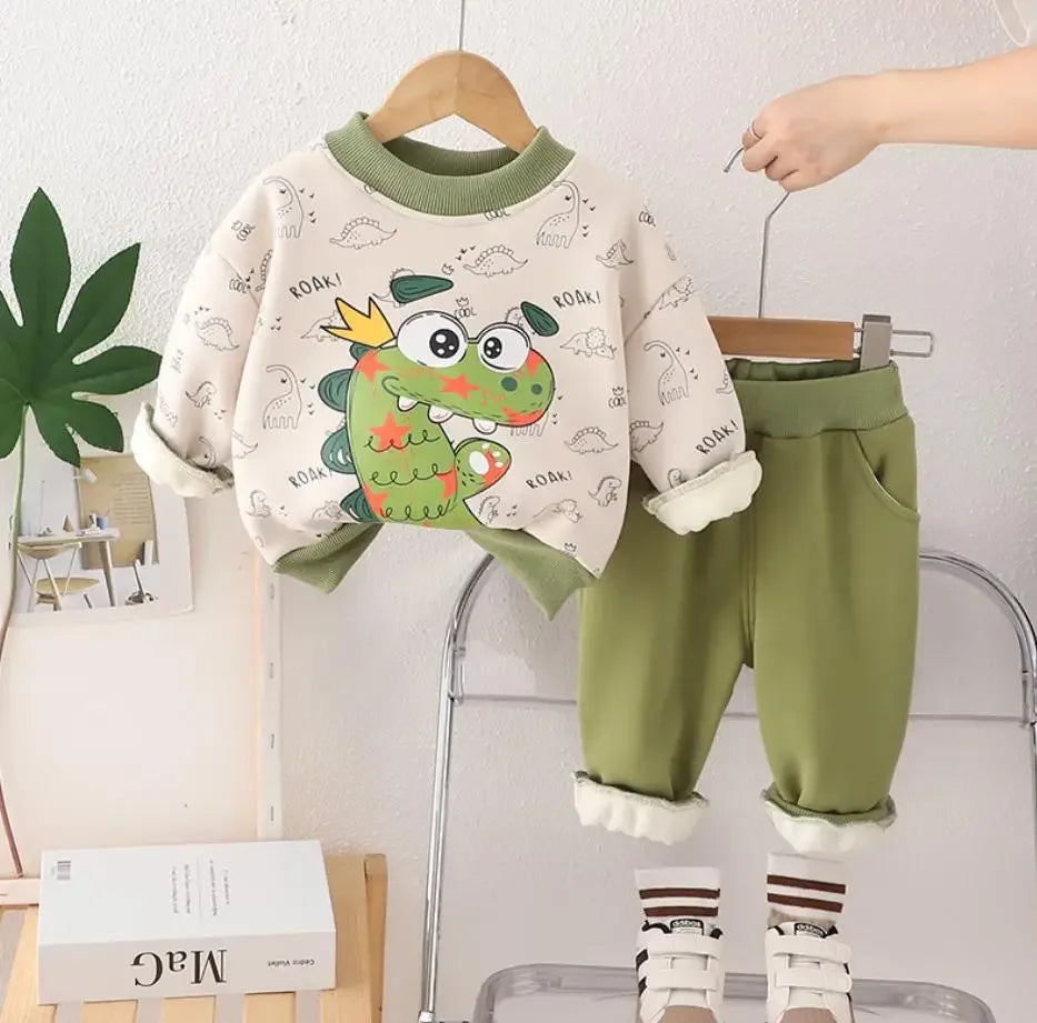 Maxy Baby Boys Clothes Toddler Sets Autumn Winter Casual Print Dinosaur Fleece Pullover Sweatshirt+Pants Boutique Outfits