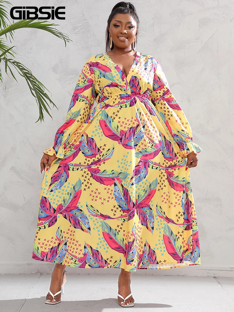Maxy Plus Size Deep V Neck Boho Print Maxy Dress Women Spring Fall Casual Vacation Beach Elastic Waist Swing Dresses