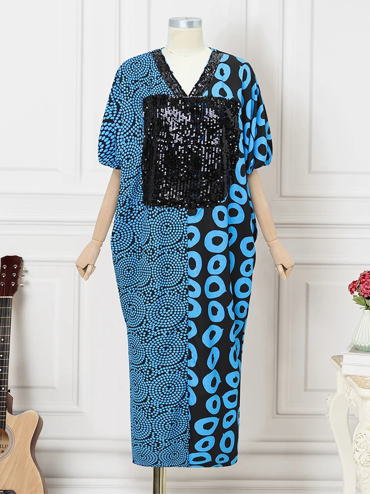 Amay Summer Dress Women Vintage Patchwork Printed Long Sundress Casual Loose V-Neck Bat Sleeve Party Robe