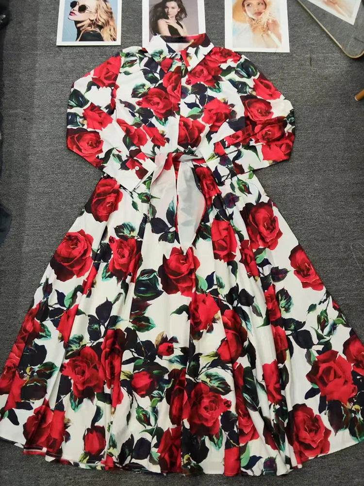Maxy Two-piece retro printed strappy cinched straight shirt set for autumn women's wear + high-waisted pleated loose skirt set
