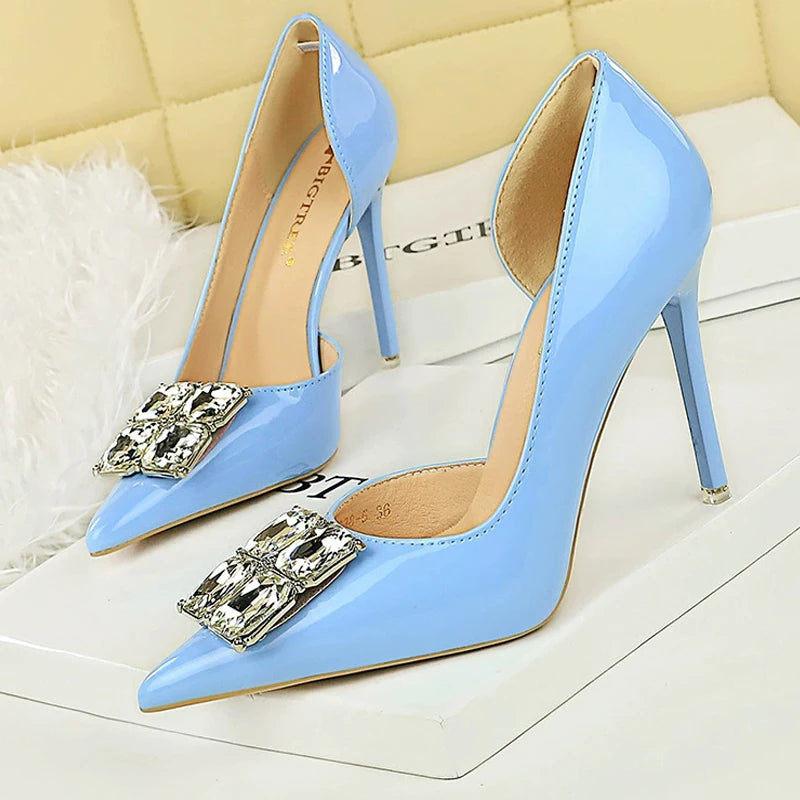 Visco BIGTREE Shoes NEW Luxury high heels Rhinestone Design Women Pumps Patent leather Female heels stilettos Fashion Sexy Party shoes