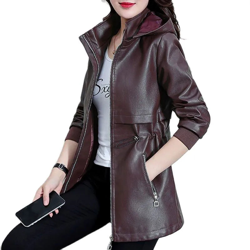 Maxy Women Large Size PU Leather Jacket Autumn Winter Hooded Faux leather Coat Female Winter Add Velvet Warm Coats 4XLC1609