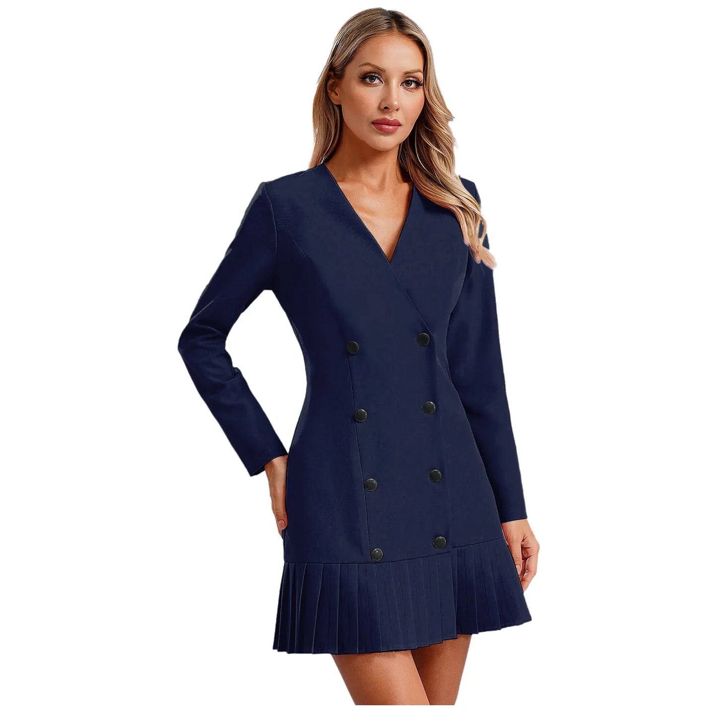 Maxy Fashion Women Blazer Dress Long Sleeve V-neck Pleated Hem Double-breasted Dress for Work Commuting Party Daily OL Formal Clothes