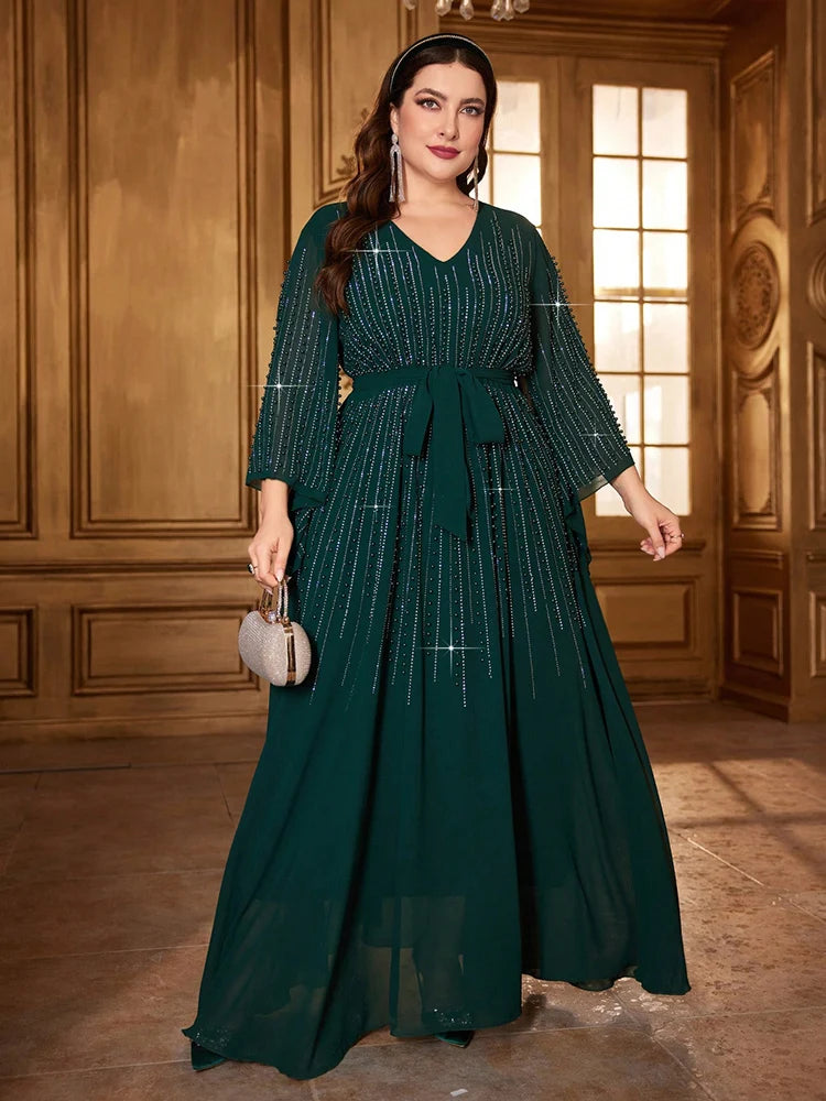 Maxy Women Bead Bell Sleeve Belted Dress, Long Dresses, Luxury, Elegant, Formal, Arabian Party, Evening, Plus Size, 2024