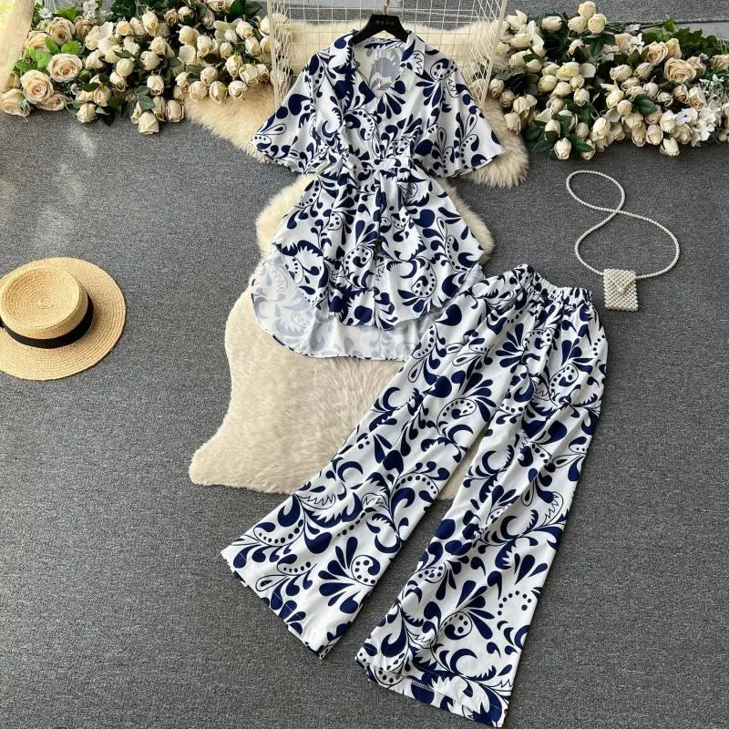Maxy Fashion Floral Two Piece Set For Women Print Short Sleeve Lapel Tops+High Waist Wide Leg Pants 2 Pieces Sets Summer Suit