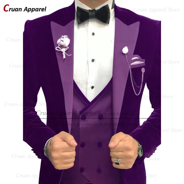 Maxy Luxury Velvet Men Suits Set Slim Fit Trendy Prom Wedding Groom Jacket with Double Breasted Vest Pants 3 Piece