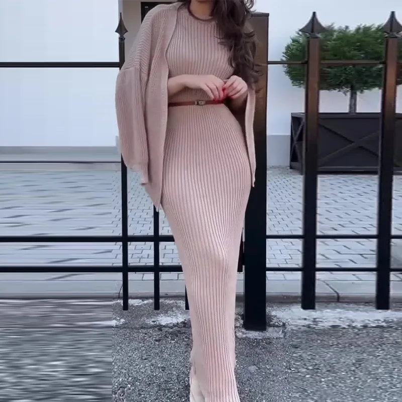 Maxy Knitted 2 Piece Sets Women Fashion Cardigan Long Dress Matching Set Casual Autumn Winter Clothing Womens Outfits Tracksuit
