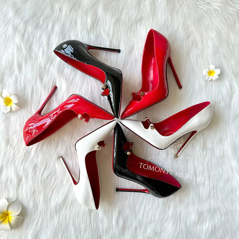 Amay Free Shipping Black White Red Patent Leather Shallow Metal Hollow Out Open Toed Women Lady Hot Sale 120mm High Heel Shoes Pump