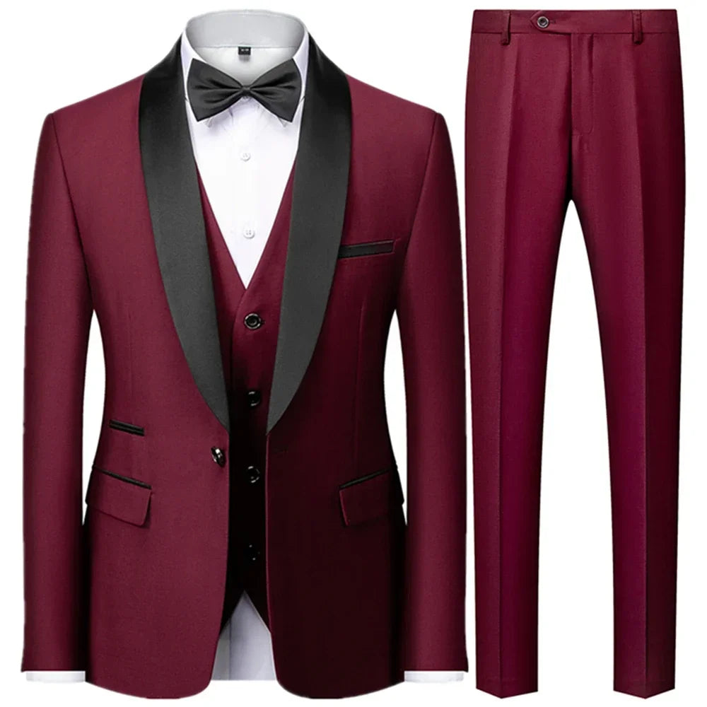 Visco Men\'s British Style Slim Suit 3 Piece Set Jacket Vest Pants / Male Business Gentleman High End Custom Dress Blazers Coat  S-6XL