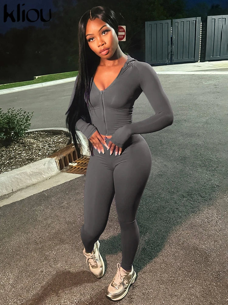 Maxy Casual Women 2 Piece Set Classic Tracksuits Solid Long Sleeve Zip-up Hood Tops+Slim Elastic Pants Sporty Concise Outfits