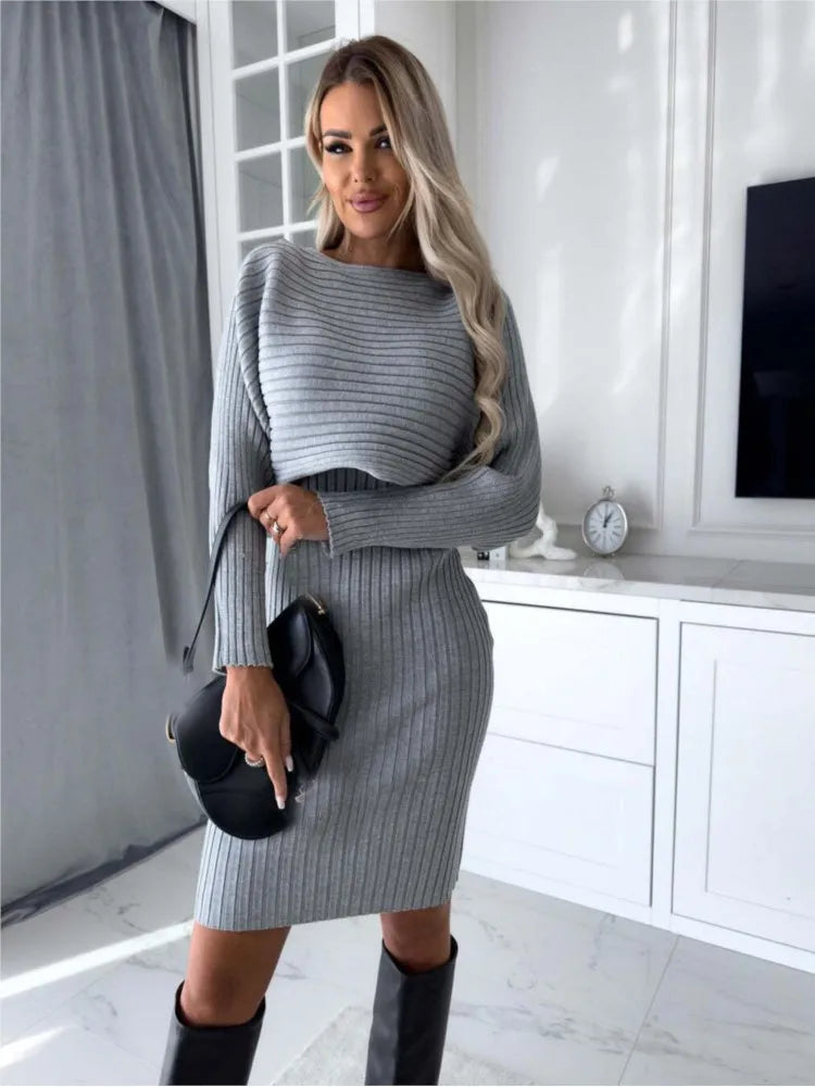 Maxy Fashion Long Sleeve Knitted Sweater And Dress Two Piece Sets For Women Autumn Winter Outfits Warm Sexy Bodycon Drsses Sets