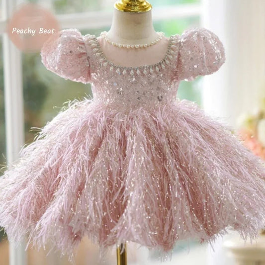Maxy Fashion Baby Girl Princess Sequins Feather Dress Puffy Sleeve Toddler Child Pearl Vestido Party Birthday Baby Clothes 2-14Y
