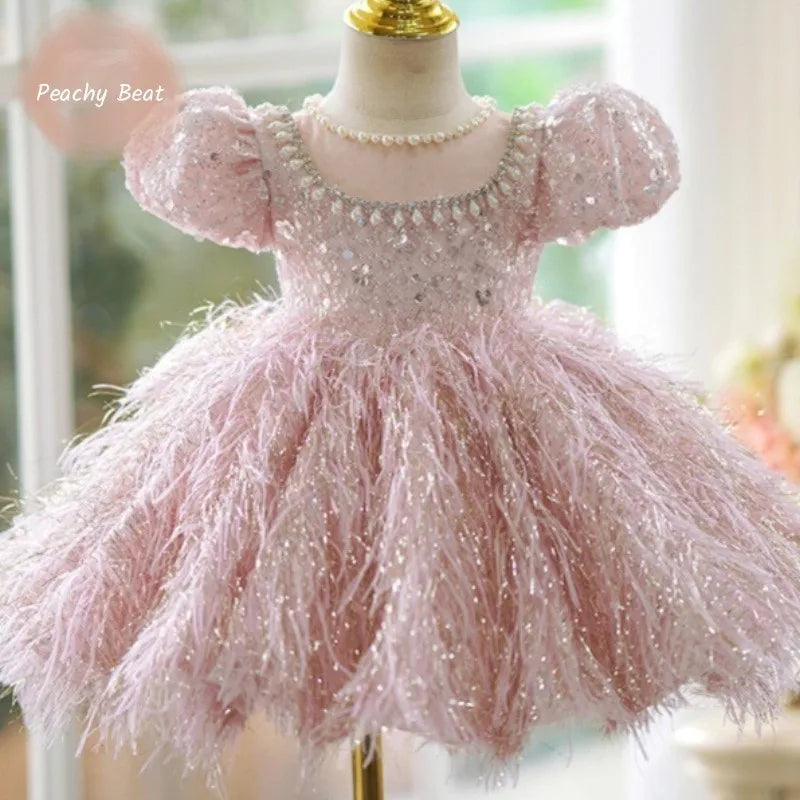 Maxy Fashion Baby Girl Princess Sequins Feather Dress Puffy Sleeve Toddler Child Pearl Vestido Party Birthday Baby Clothes 2-14Y