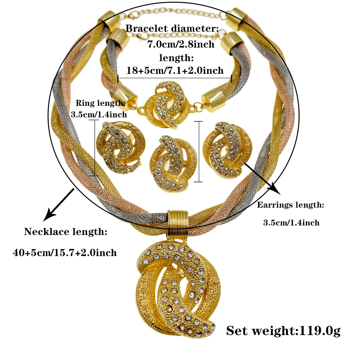 Maxy Jewelry Sets Indian Gold-Plated Crystal Necklace Bracelet Pendant Earrings Ring Bridal Guest Accessories Gifts for Women