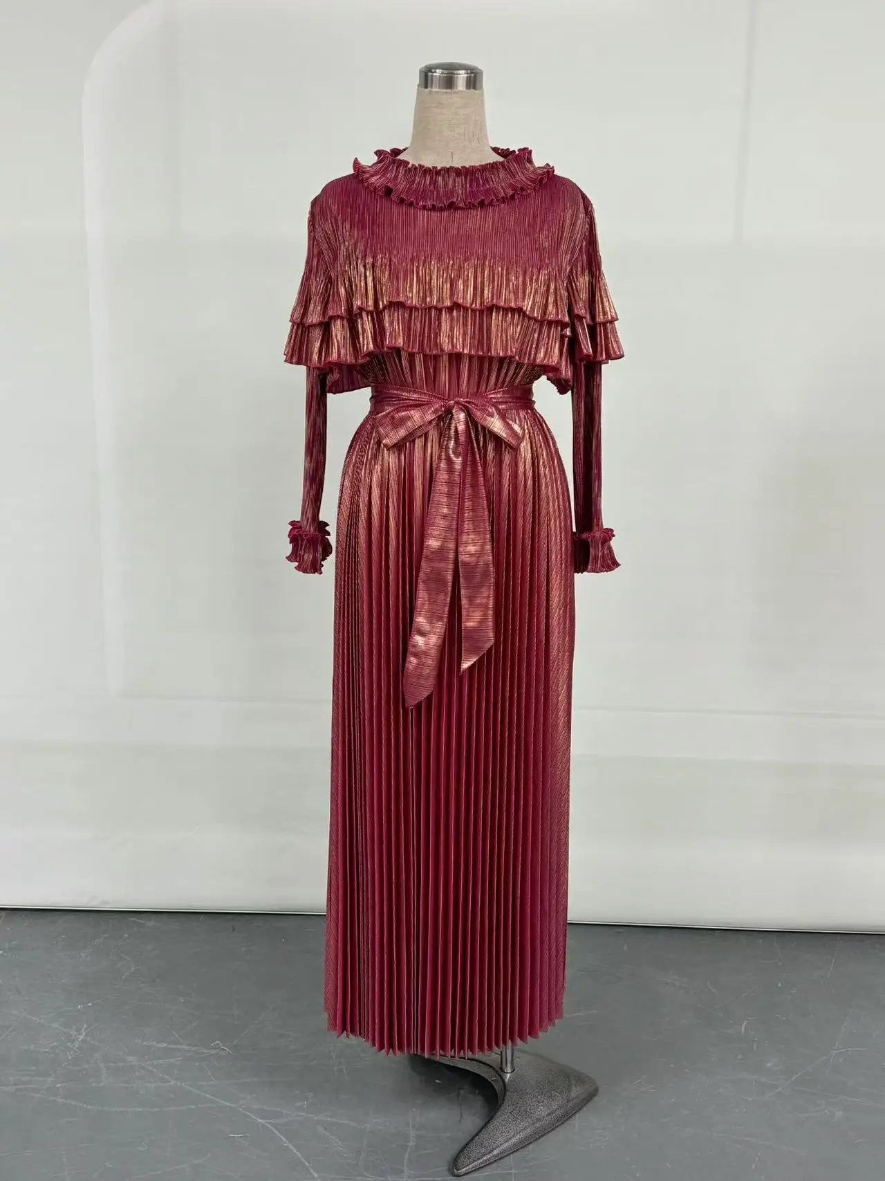 Maxy Fashion Plus Size Loose Gold Dress for Women Light Luxury Long Sleeve Lace-up Party Gown Casual Miyake Pleated Dress New