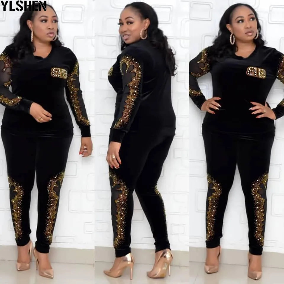 Maxy Sets for Women 2024 Long Sleeve Beading Diamonds African Elastic Bazin Baggy Pants Rock Style Famous Suit Lady