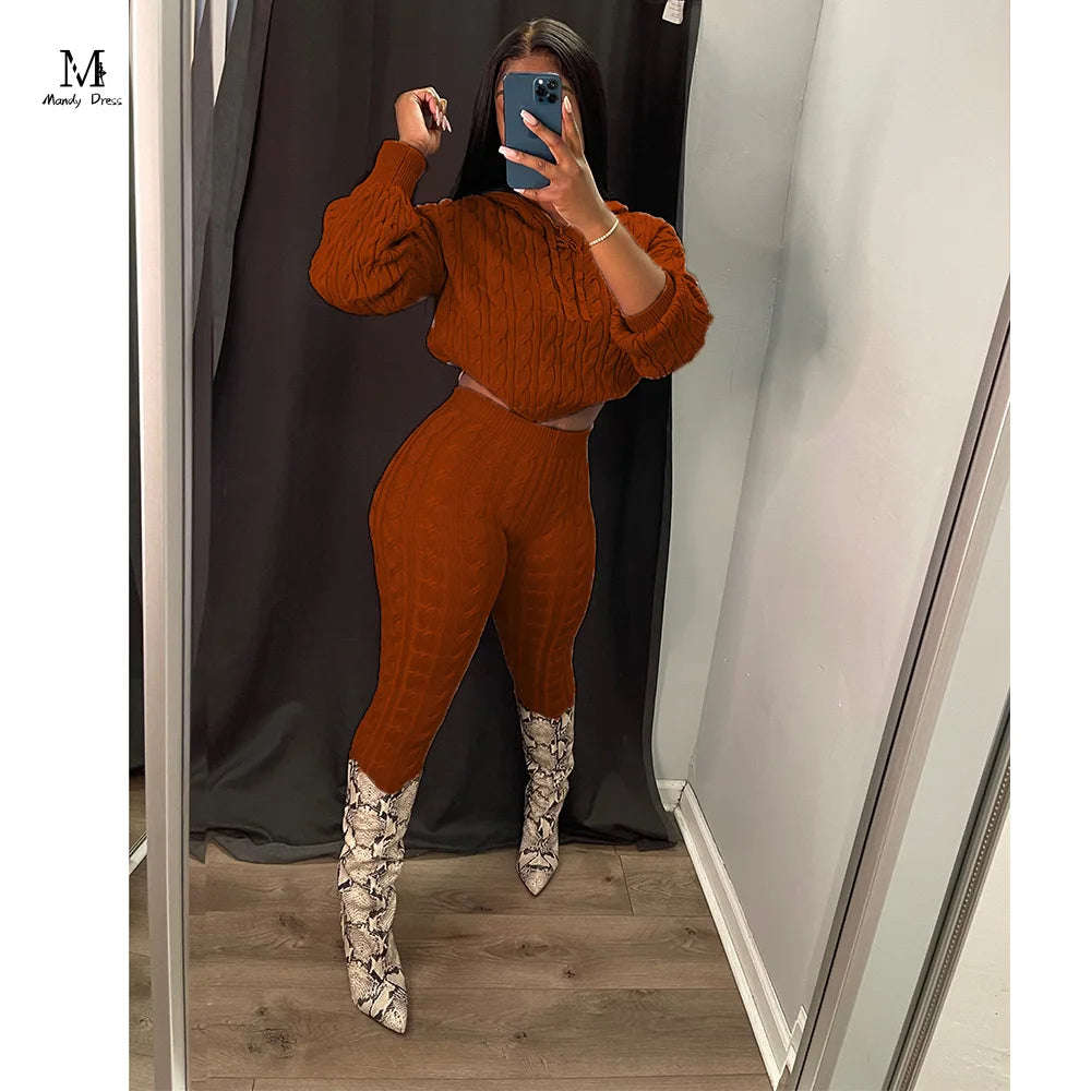Maxy Fall Winter Women Knit Sweater Matching Sets Skinny Hoodies and Pants Clothing Casual Loungewear 2 Two Piece Outfits