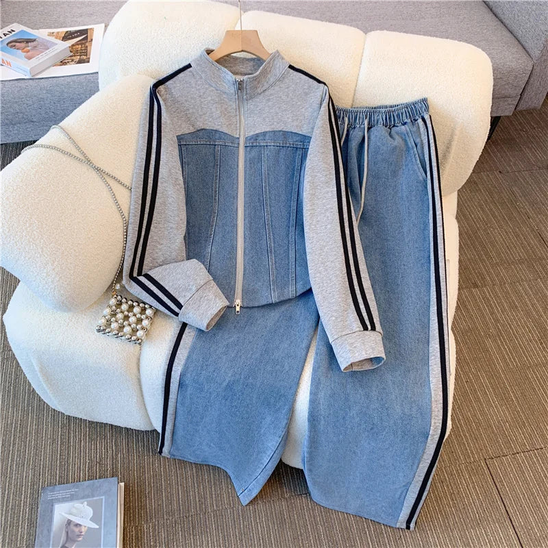 Maxy New Fashion Female Trousers Set Spring Autumn Fake Two Pieces Denim Coat Wide Leg Pants Two-Piece Women's Casual Sports Sets 2XL